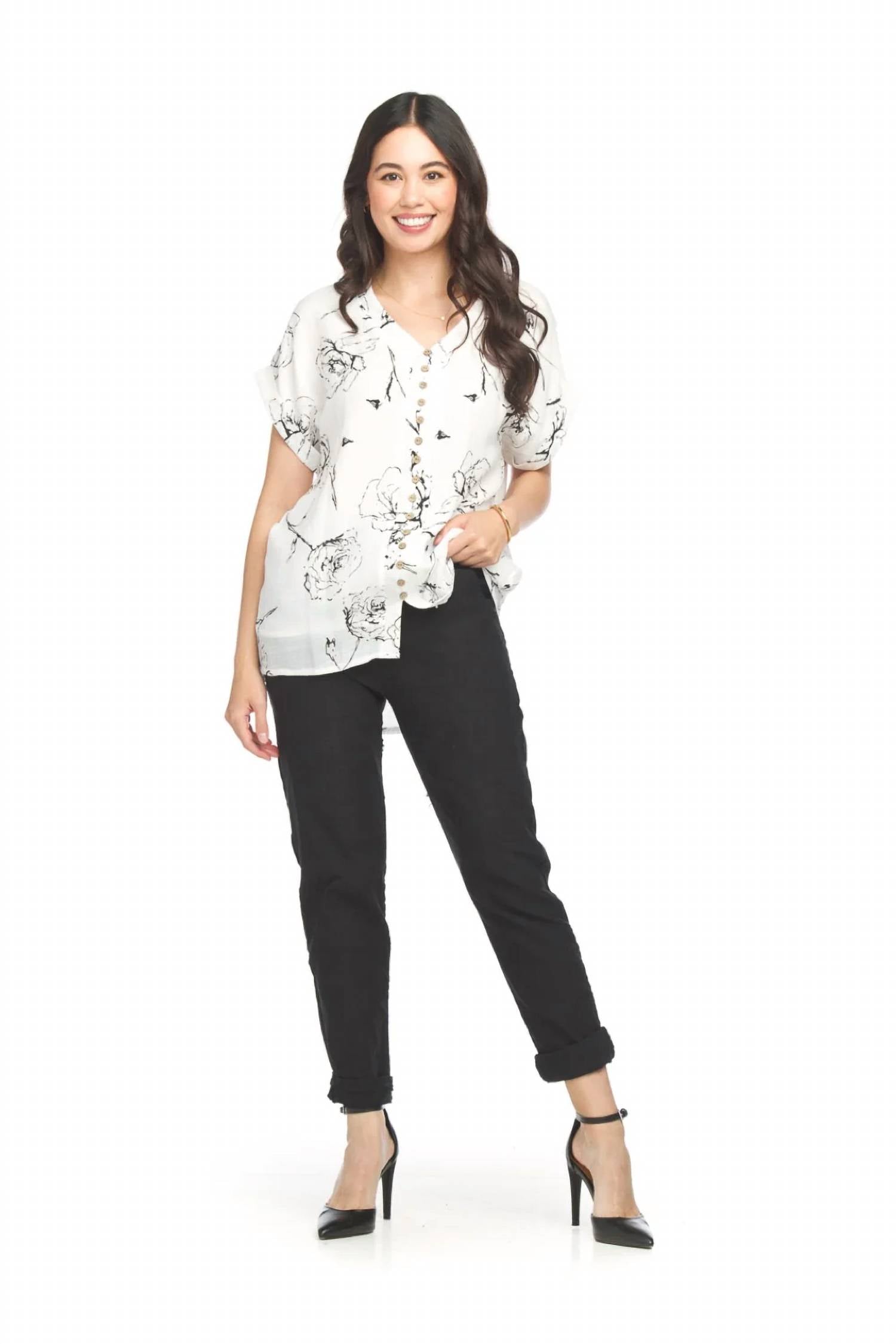 Papillon - Short Sleeve Crinkle Floral Button Front Top