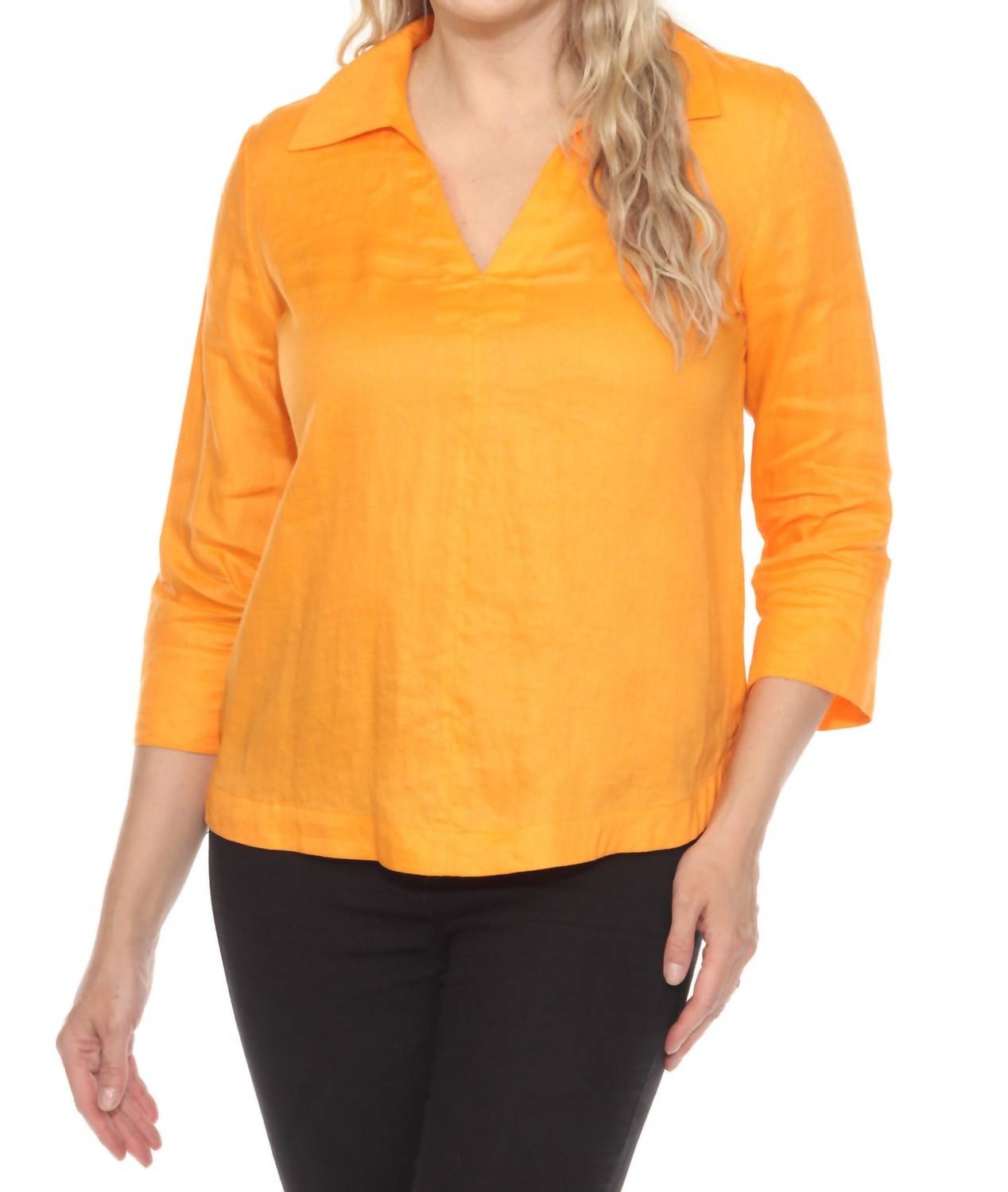 Joseph Ribkoff Collared V-neck 3/4 Sleeve Linen Top in apricot - women's blouse - detail view