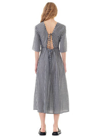 Ganni - Seersucker Check V-Neck Long Dress