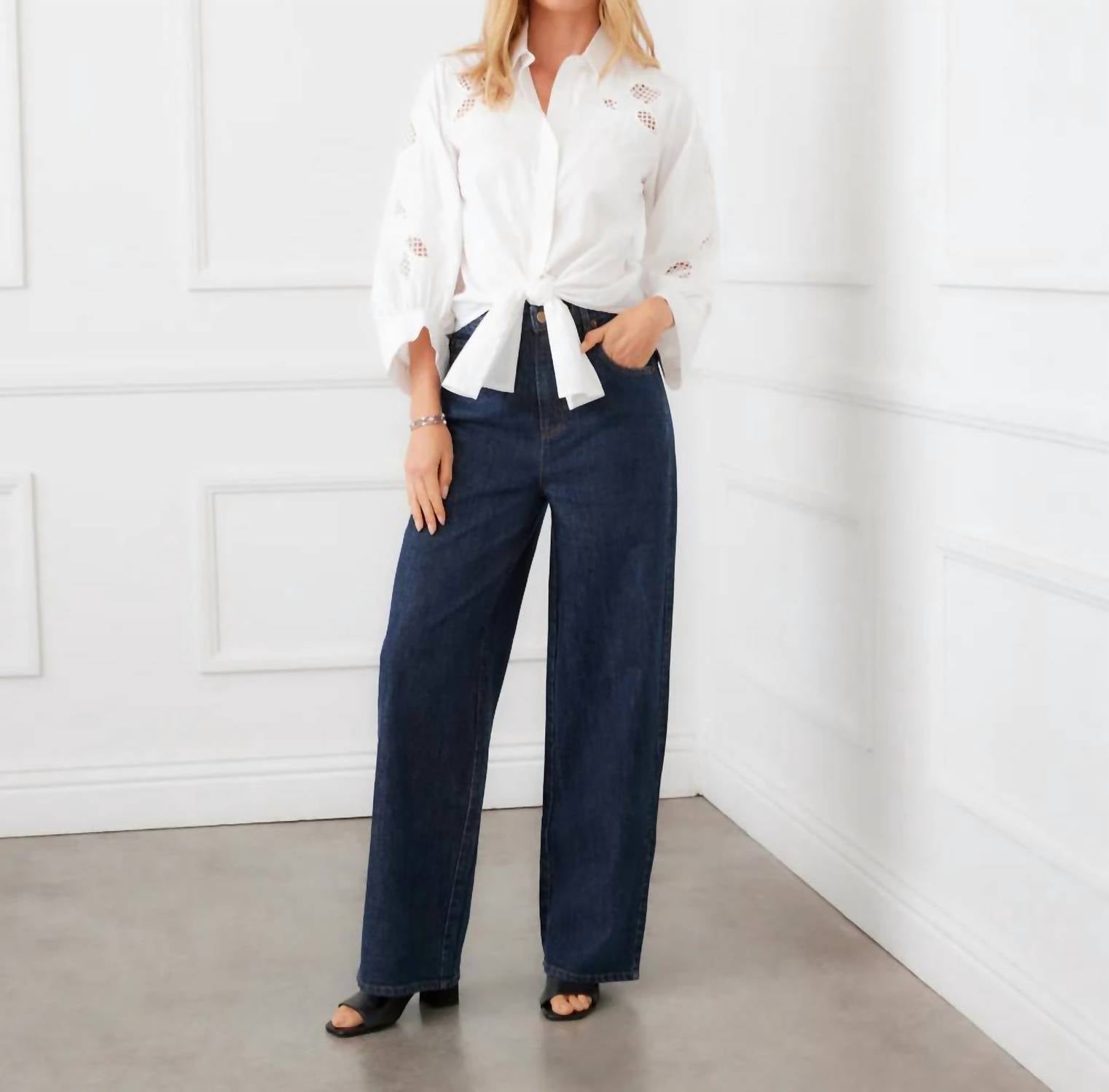 Karen Kane - Blouson Sleeve Embroidered Tie-Front Top