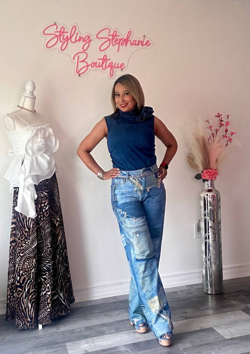 Muy Muy Fancy - Denim Print Patch Pants