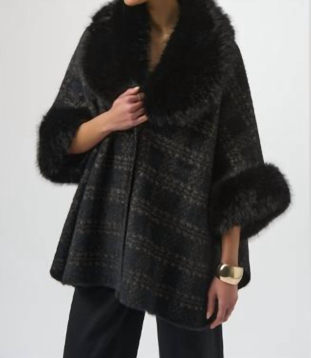 Joseph Ribkoff Plaid Fur Collar Coat in black - women's jacket - detail view