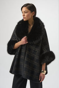 Joseph Ribkoff Plaid Fur Collar Coat in black - women's jacket - alternate view