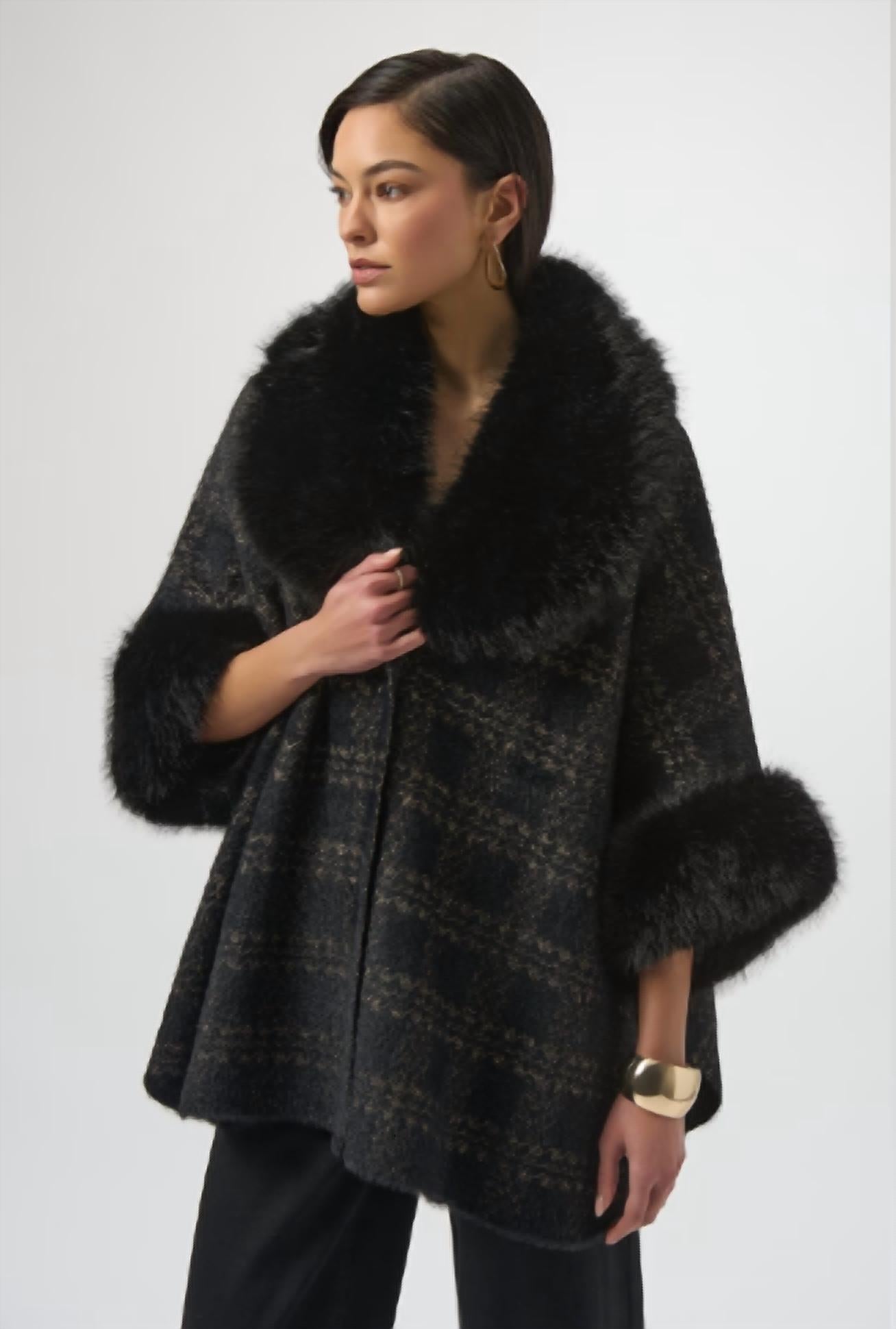 Joseph Ribkoff Plaid Fur Collar Coat in black - women's jacket - alternate view