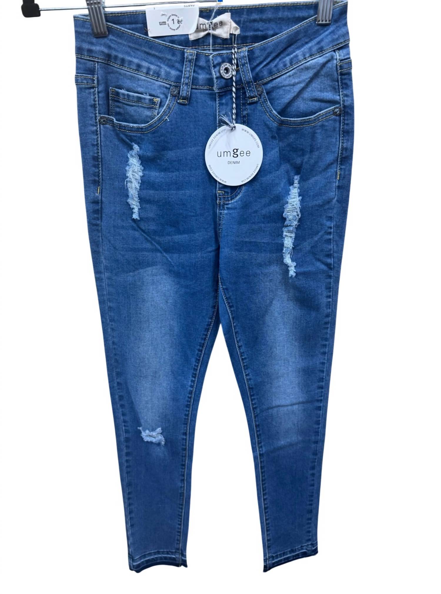 umgee Women's Distressed Skinny Jeans in medium blue - women's jeans - detail view