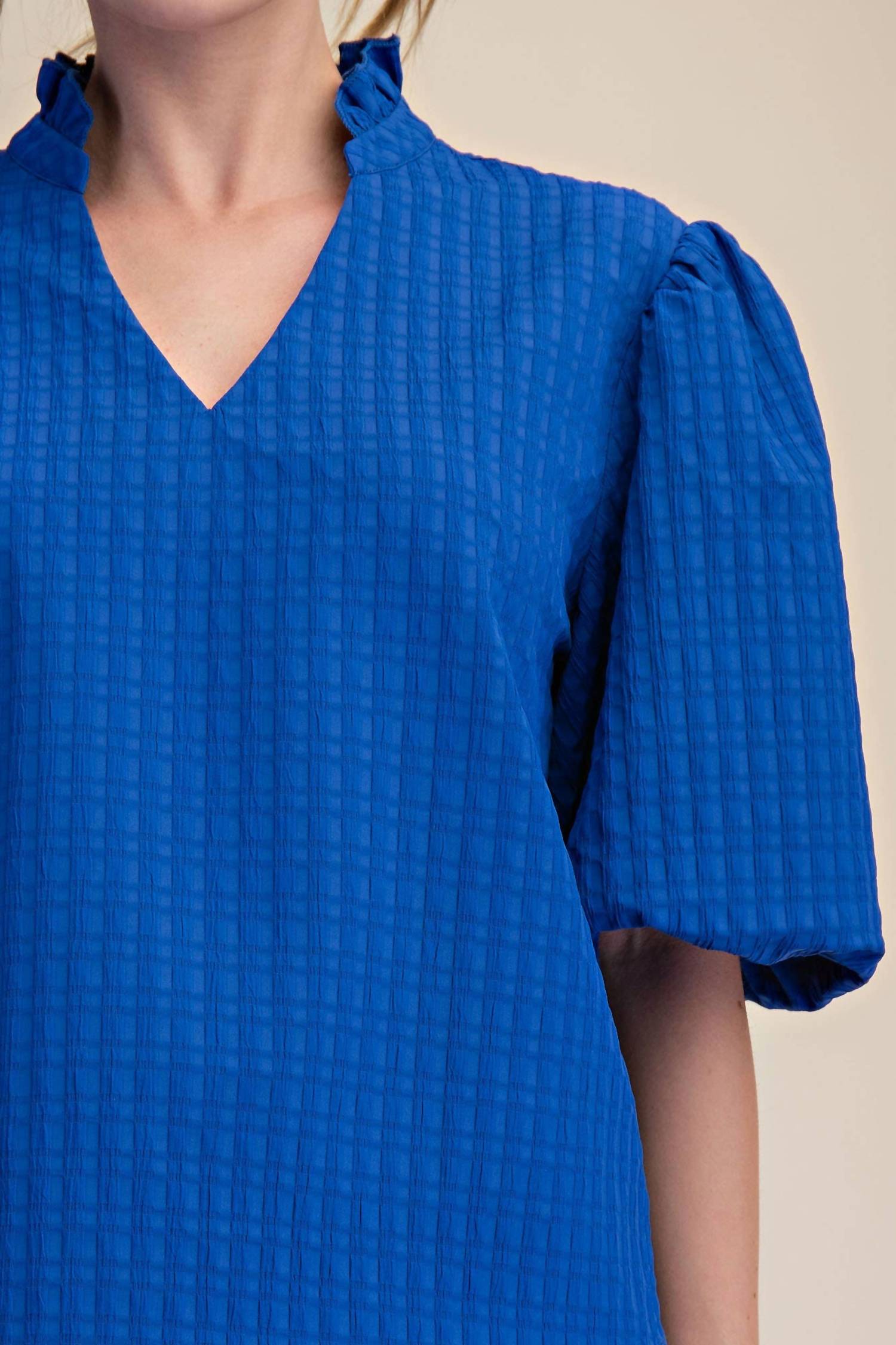 Glam - Puff Sleeve Ruffled Neck Textured Fabric Top