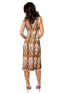 QUEEN OF SPARKLES Snake Print Rainbow Trim Knit Midi Dress in beige - women's dress - alternate view