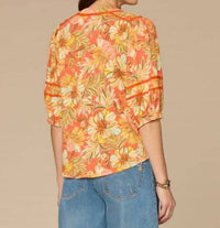 Democracy Blouson Sleeve Mandarin Collar Half Placket Printed Knit Top in deep coral floral multi - women's blouse - alternate view