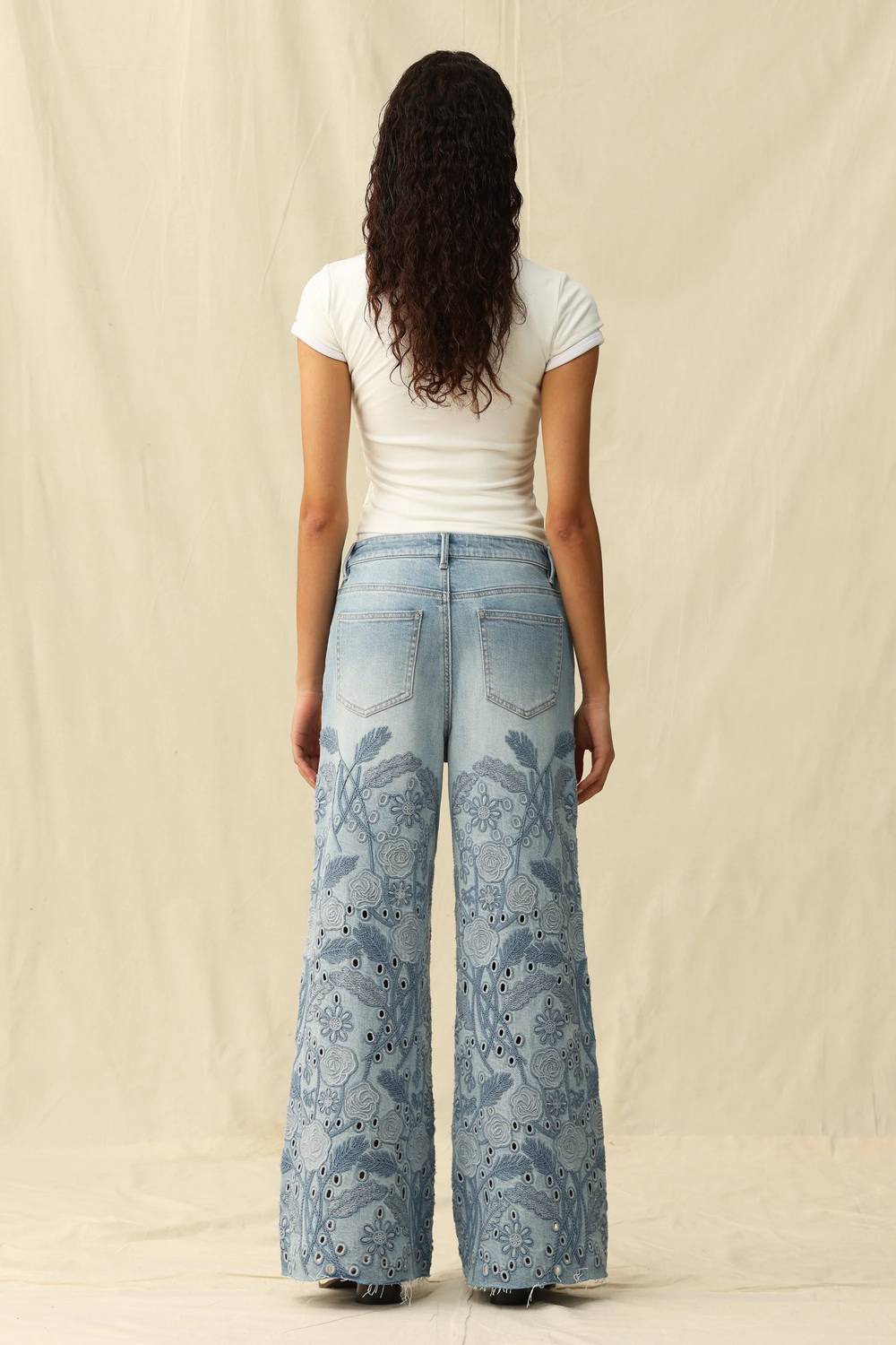 Bayeas - High Rise Eyelet And Embroidery Wide Leg Jeans