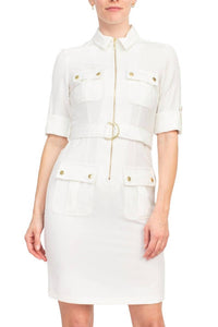 Sharagano - Collared Short Sleeve Zipper Front Belted Dress