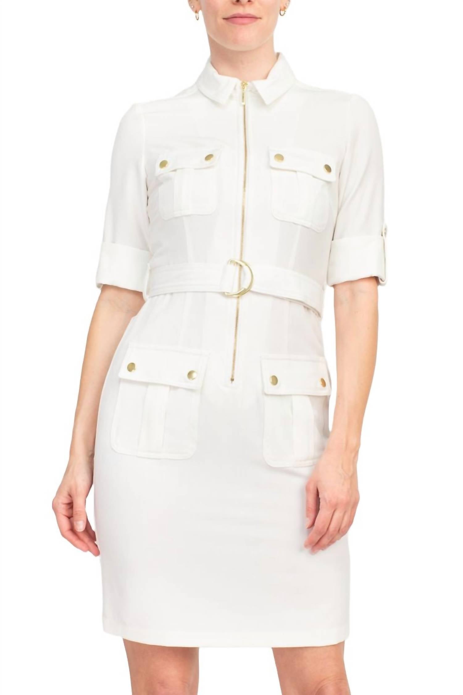 Sharagano - Collared Short Sleeve Zipper Front Belted Dress
