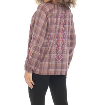 Johnny Was Curacao Raglan Poet Shirt in plaid multi - women's blouse - detail view
