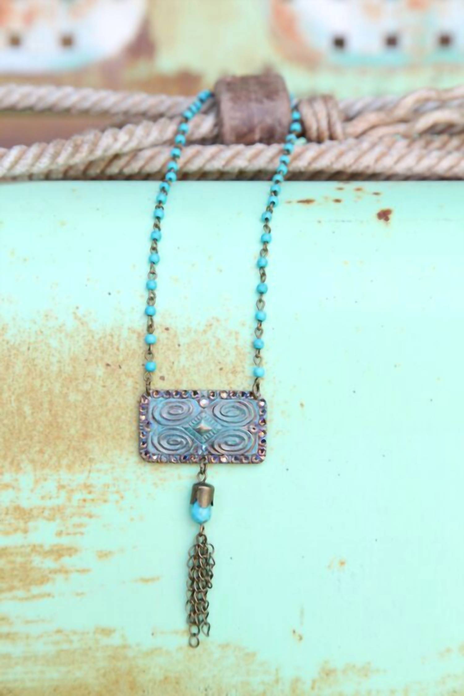 Pink Panache Women's Chain Necklace Linked With Aztec Stamped Pendant in turquoise - women's jewelry