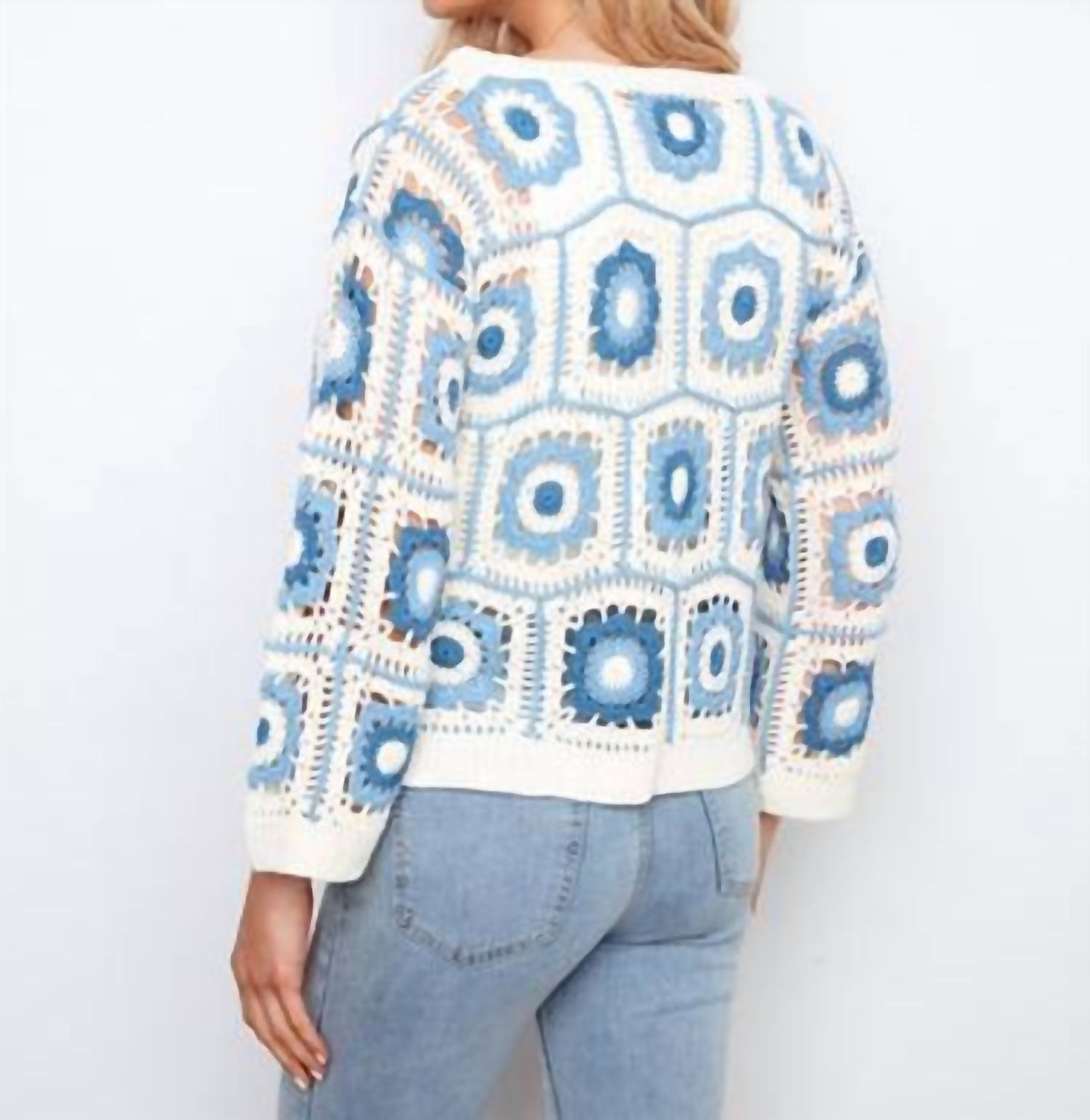 CHARLIE B Floral Crochet Sweater in blue - women's sweater - alternate view
