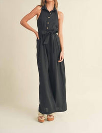 MIOU MUSE Blaine Linen Button Front Jumpsuit in black - women's pants