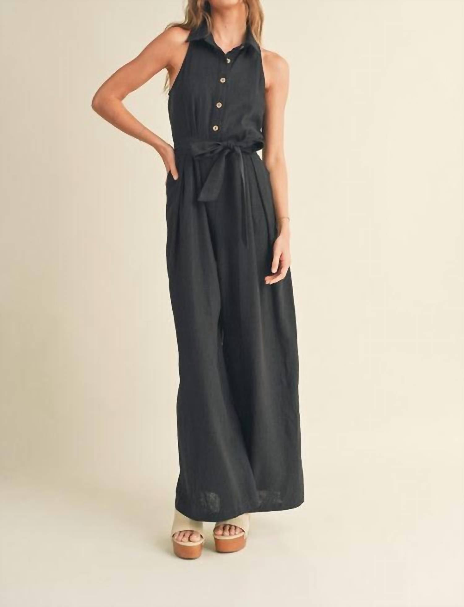 MIOU MUSE Blaine Linen Button Front Jumpsuit in black - women's pants