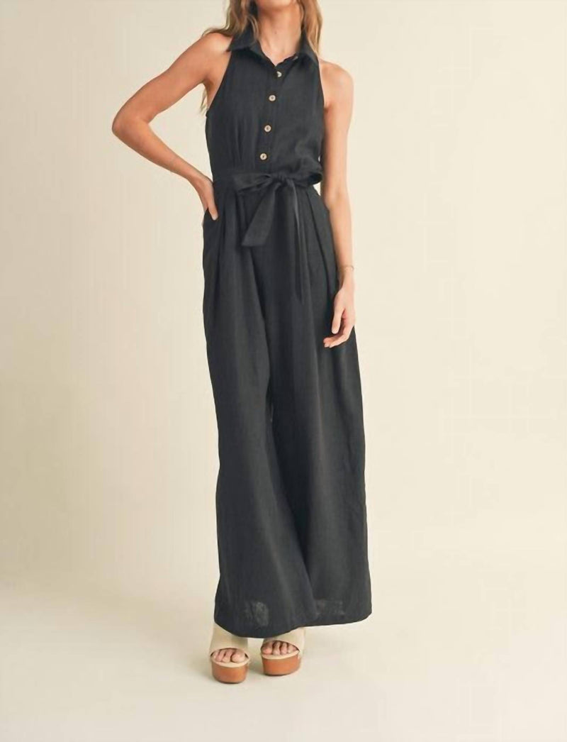 MIOU MUSE Blaine Linen Button Front Jumpsuit in black - women's pants