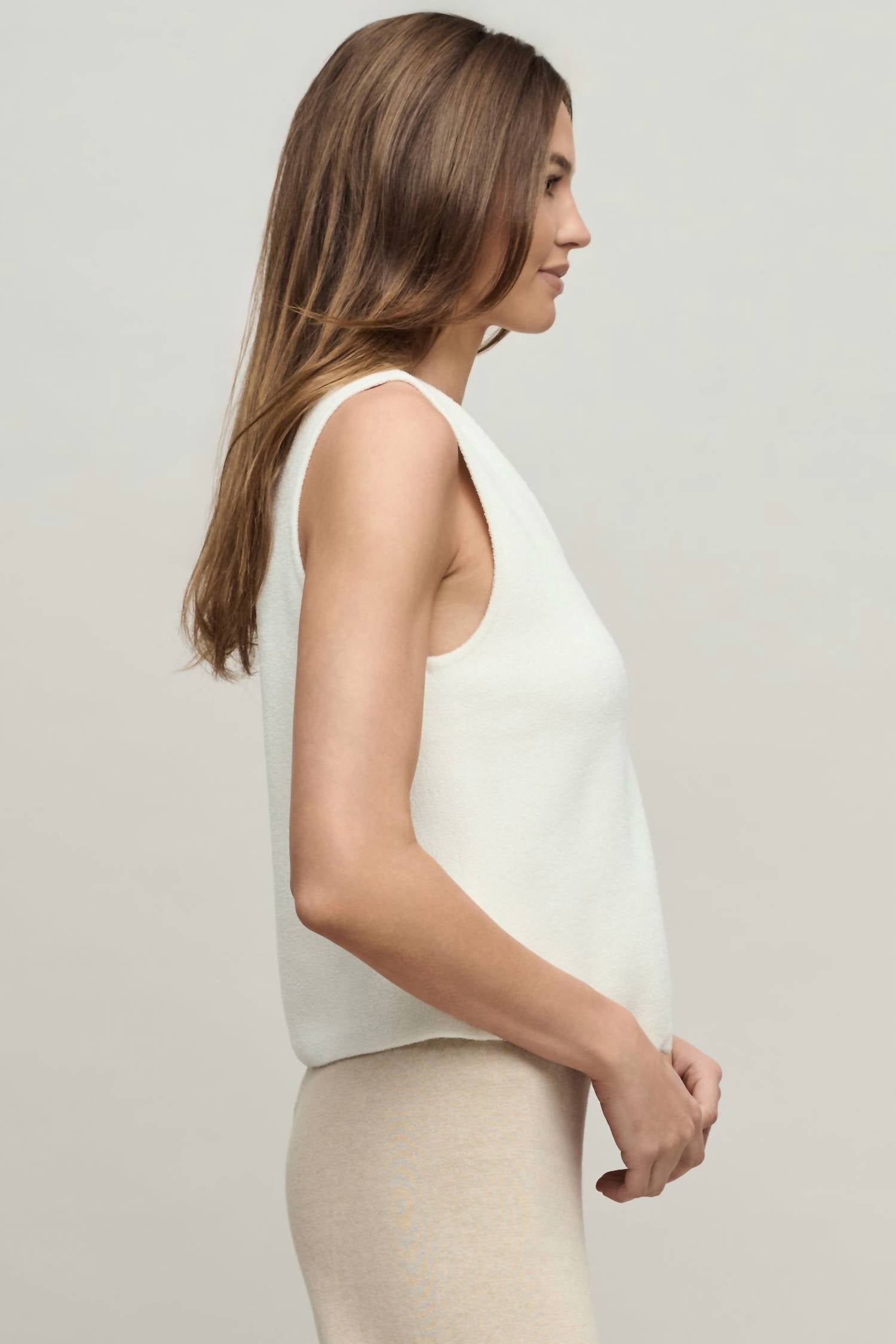 BAREFOOT DREAMS Ultra Lite Button Front Vest in pearl - women's jacket - detail view