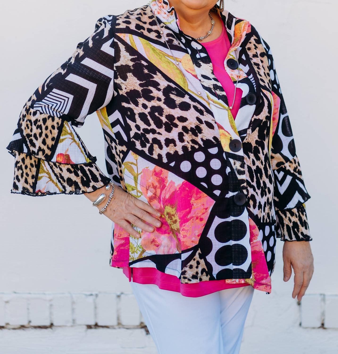Multiples - Dbl Peated Flounce 3/4 Sleeve Button Top