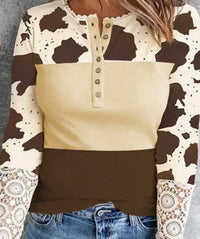 Shewin - Cow Lace Long Sleeve Top