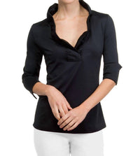 GRETCHEN SCOTT Jersey Ruffleneck 3/4 Sleeve Top in black - women's long sleeve top - detail view