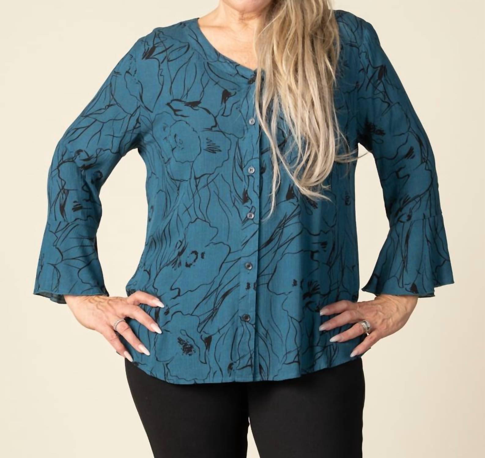 Papillon Women's Floral Crinkle Button Top in teal - women's blouse