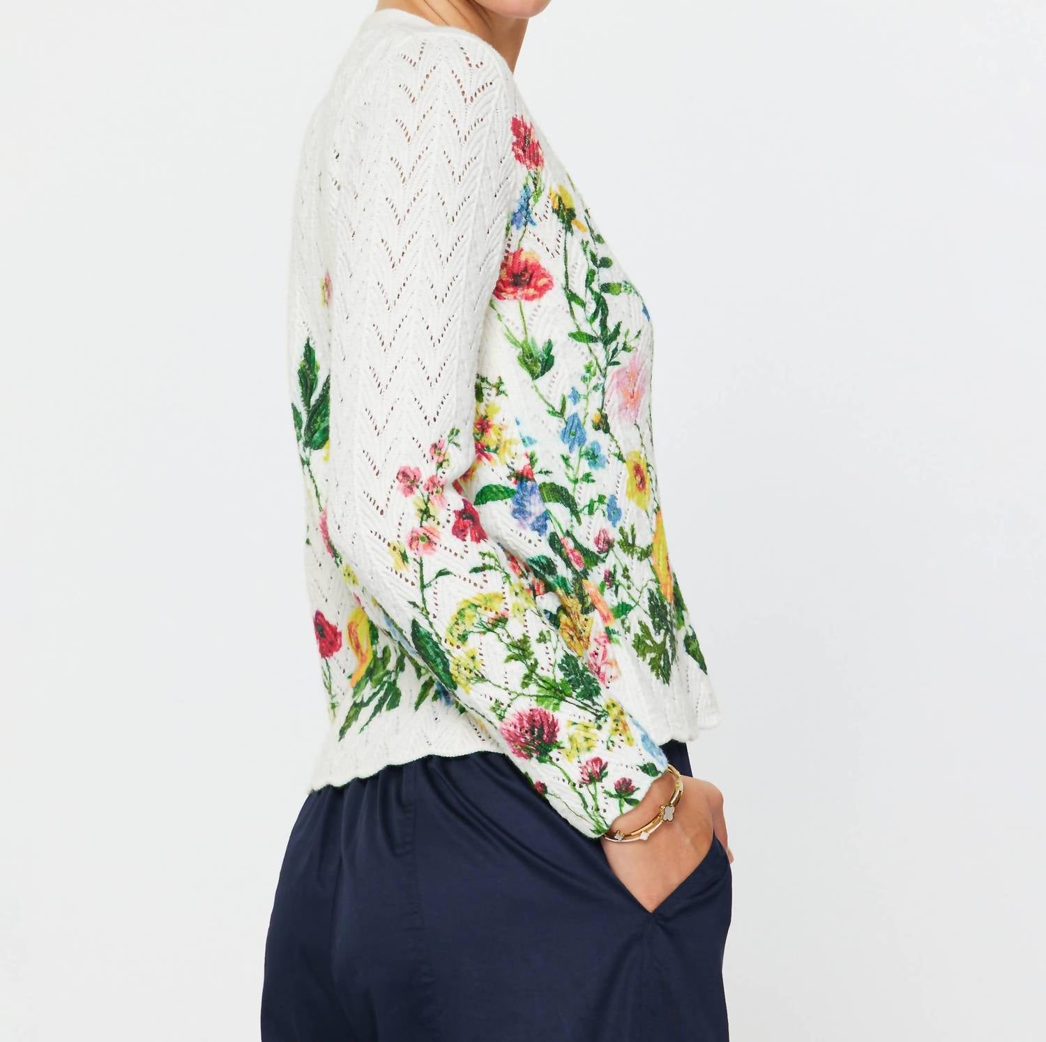 current air Floral Print Scalloped Cardigan in multi - women's cardigan - detail view