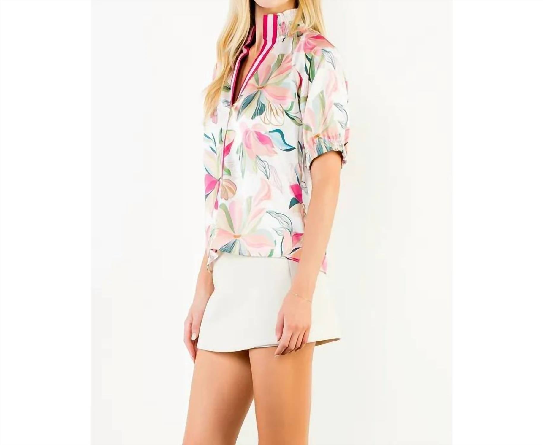Thml - Floral Satin Short Sleeve Top With Contrast Bands