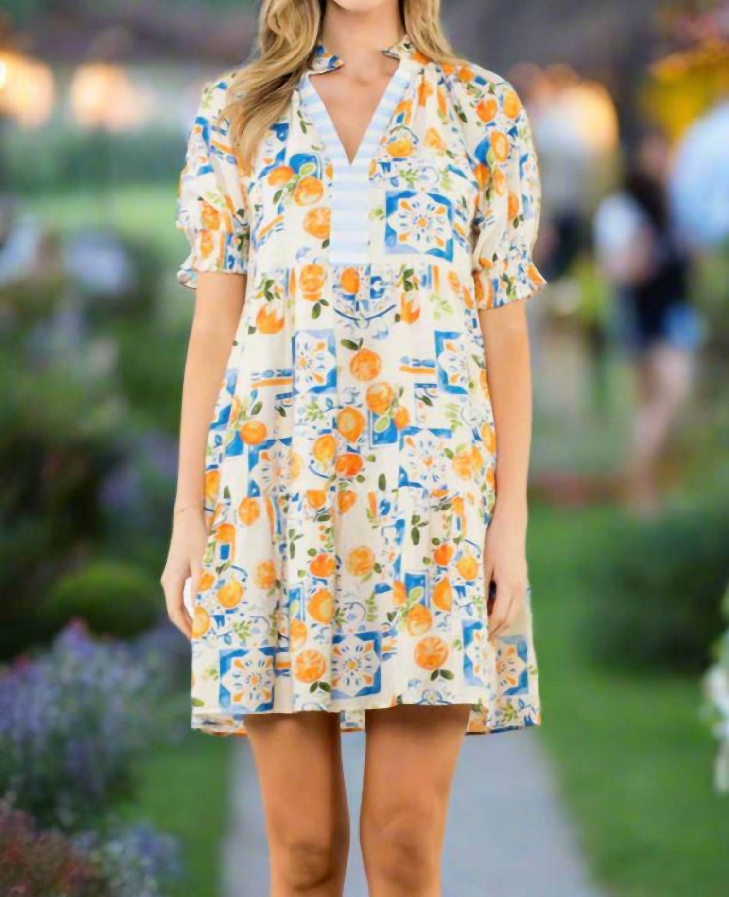 Thml - Citrus Tile Print Puff Sleeve Mini Dress