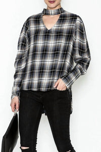 Elan - Long Sleeve Plaid With Keyhole Neck Top