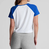 BEYOND YOGA Featherweight Colorblock Tee in cloud white court blue - women's t-shirt - detail view