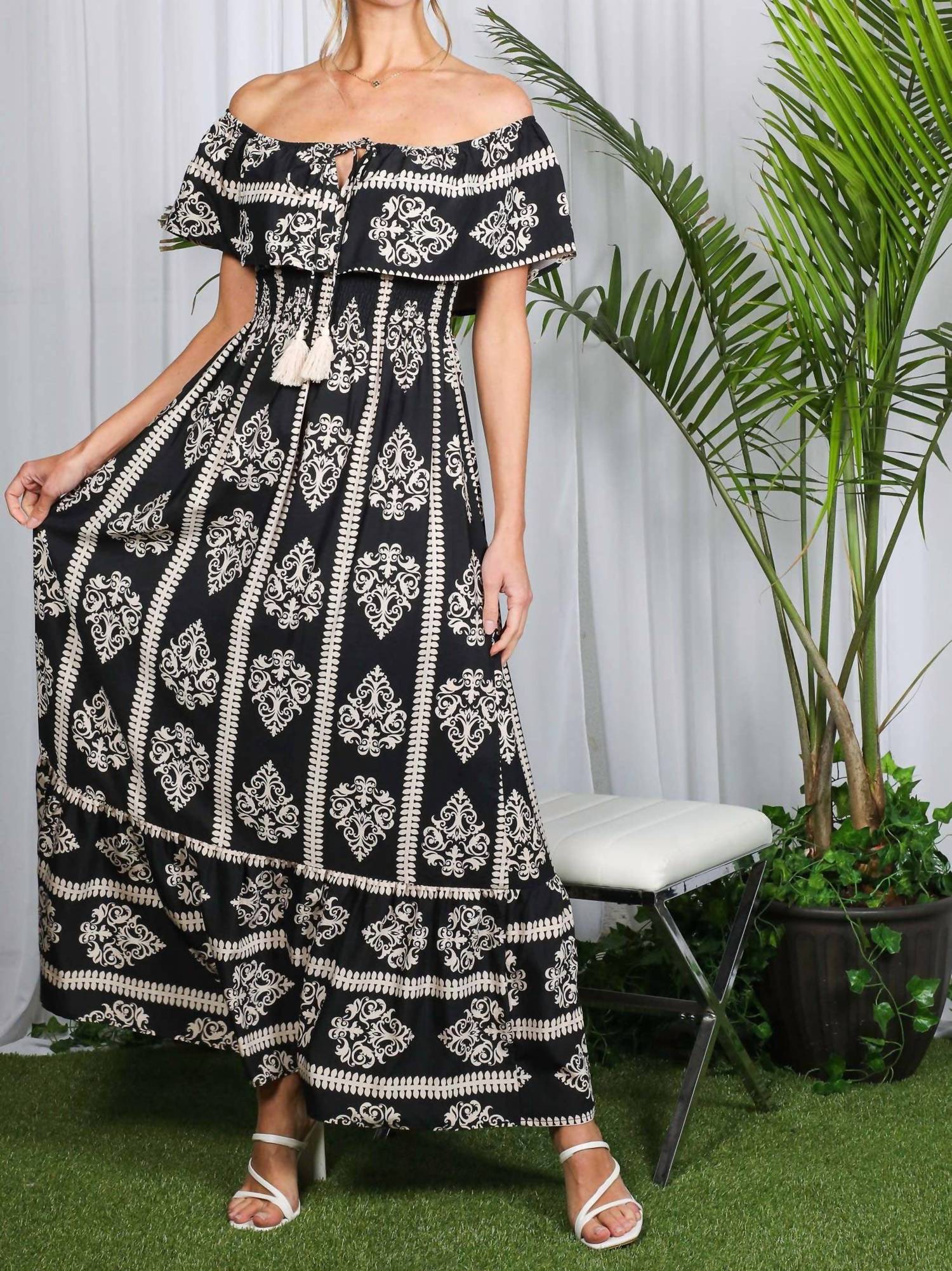 Vine & Love - Geo Printed Off The Shoulder Tassel Trim Dress
