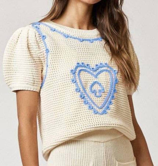 Lalavon - Heart Embroidered Puff Sleeve Top