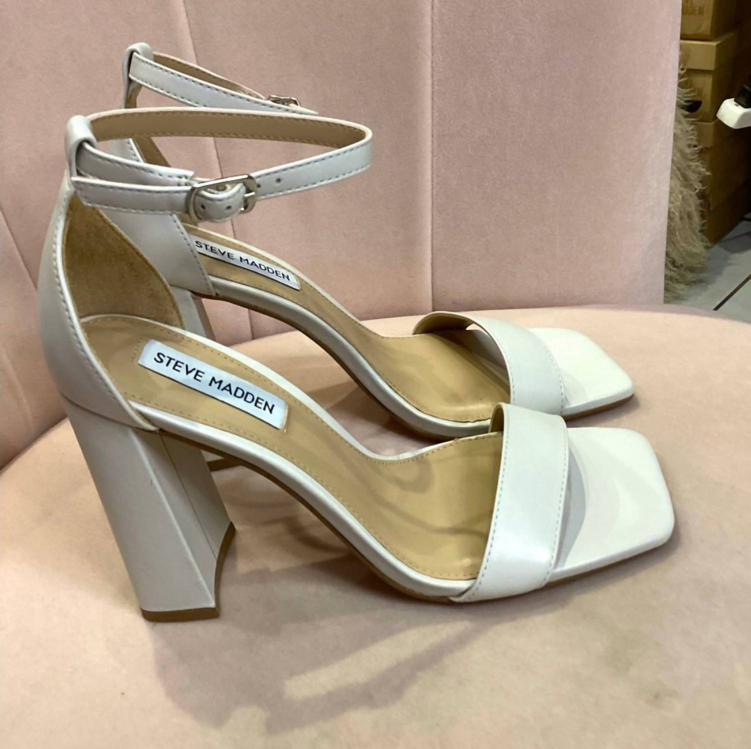 STEVE MADDEN Women's Tia Leather Block Heels in white - women's heels