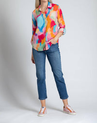 APNY Roll-up Sleeve Chiffon Button-up Shirt in orange multi - women's blouse - view 4