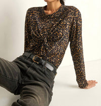 Nation LTD Marion Twist Front Tee in winter leopard - women's long sleeve top - detail view