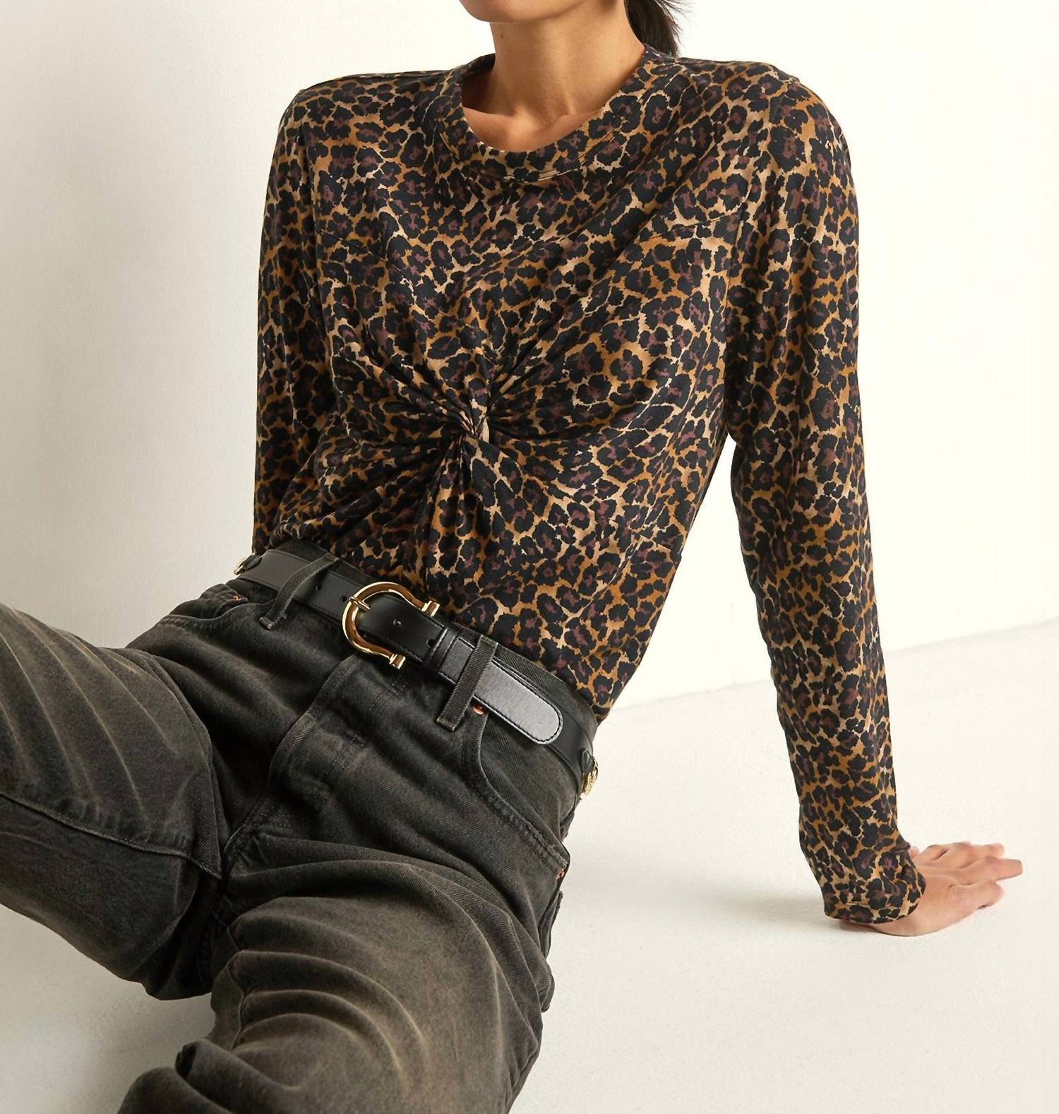 Nation LTD Marion Twist Front Tee in winter leopard - women's long sleeve top - detail view