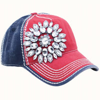 Olive & Pique - Patriotic Rhinestone Flower Distressed Baseball Cap