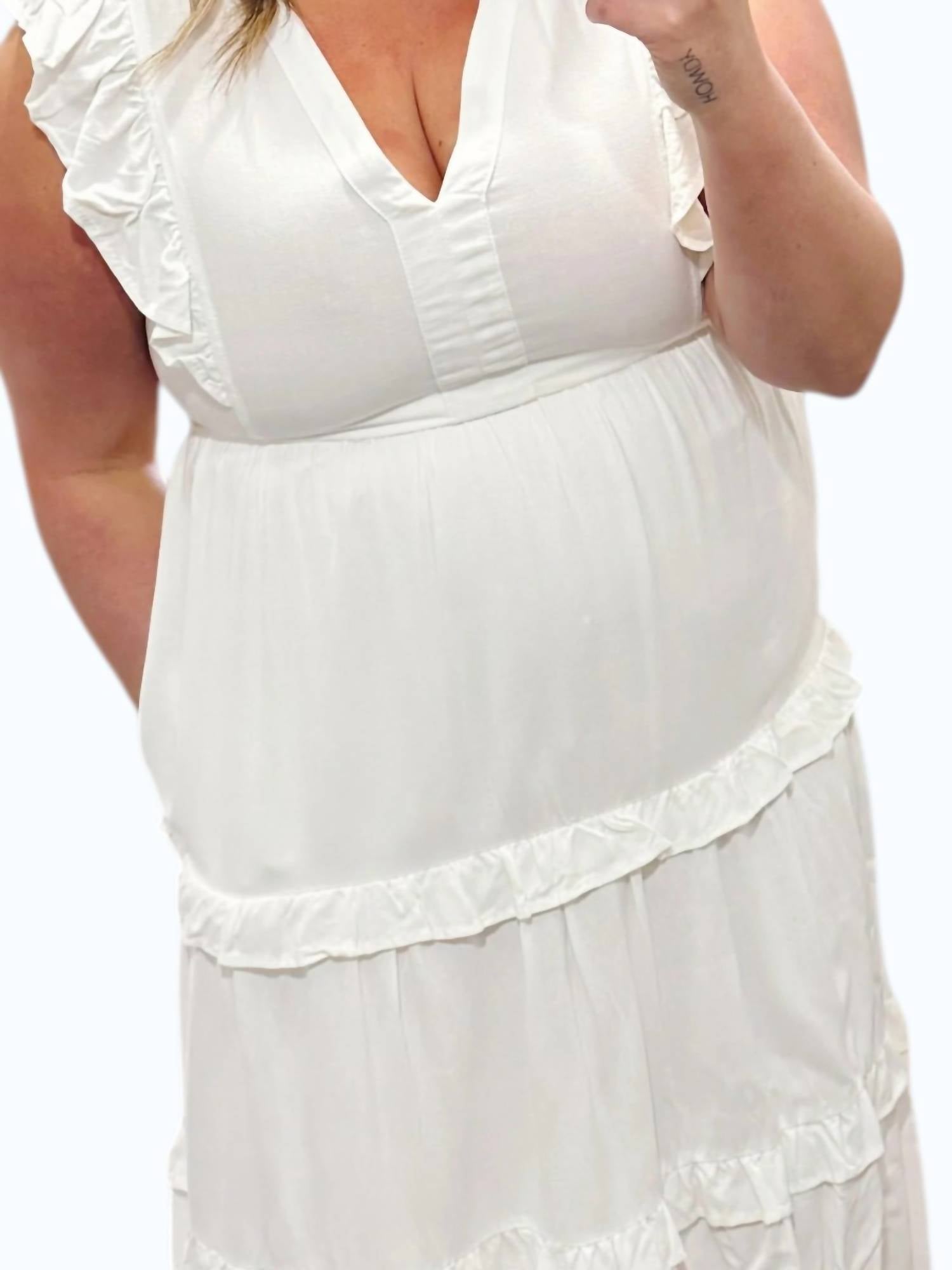entro Ruffle Cap Sleeve Midi Dress in white - women's dress - detail view