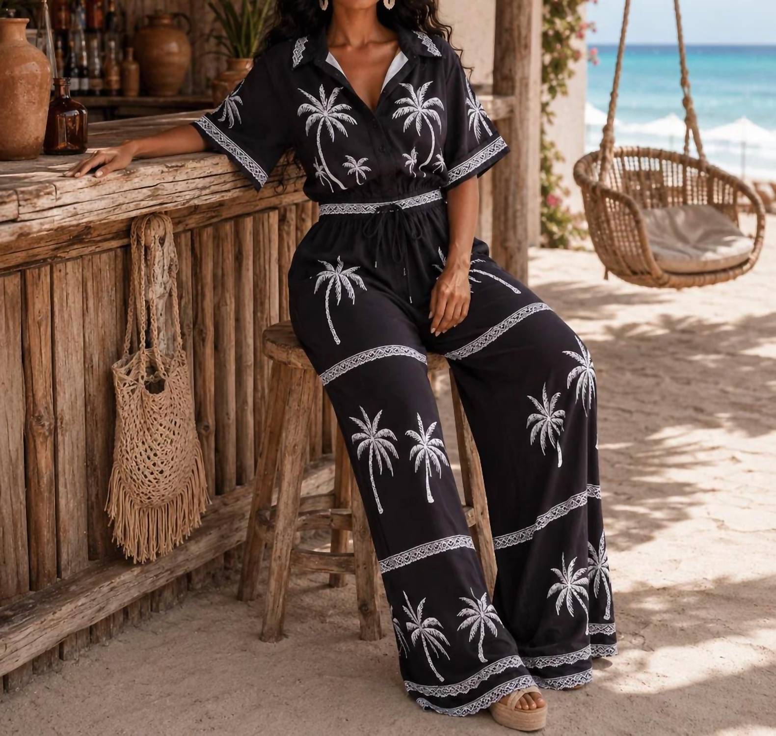 Little Secret Of Mine - Palm Print Wide Leg Jumpsuit