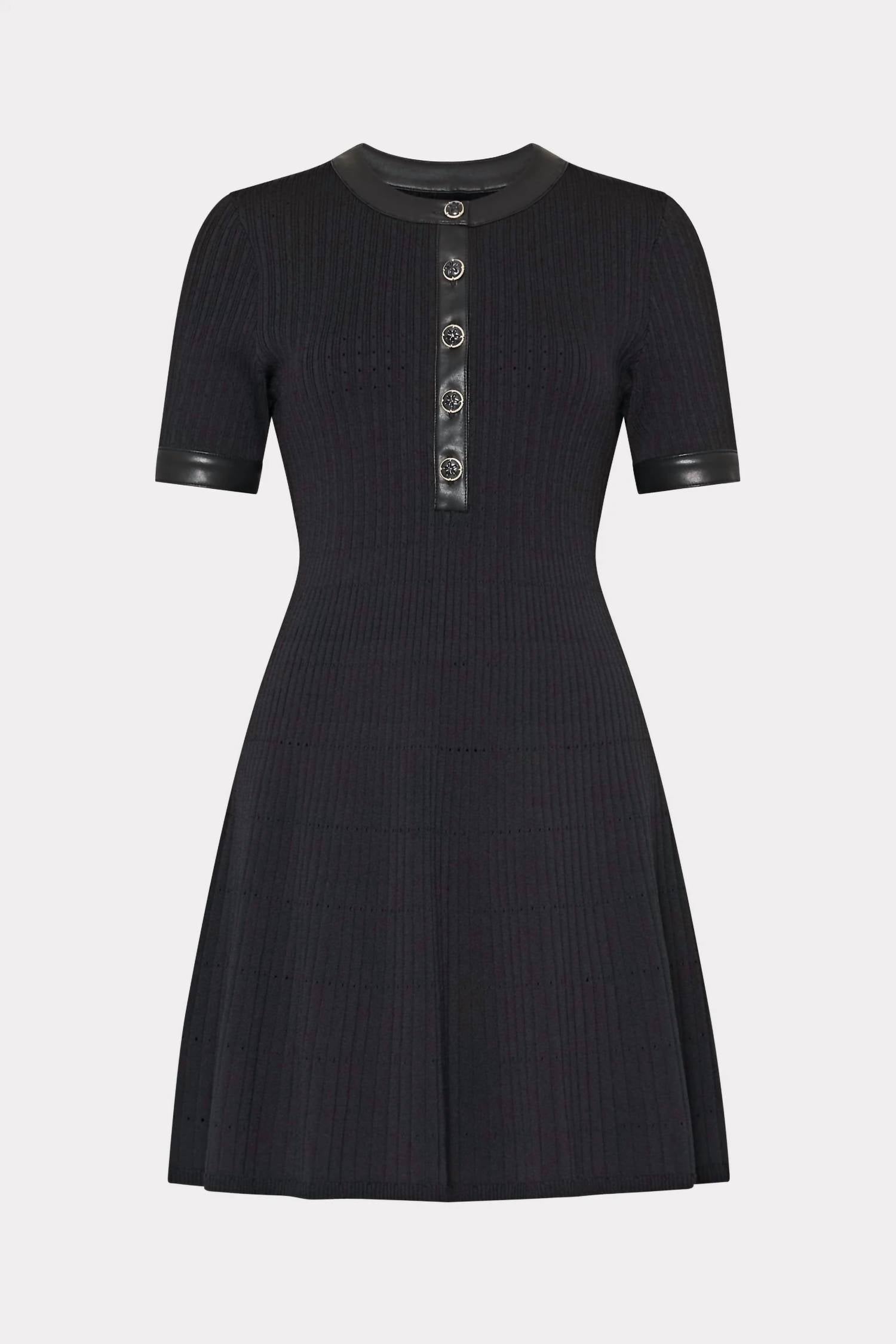 Milly - Leather Detail Flare Knit Mini Dress
