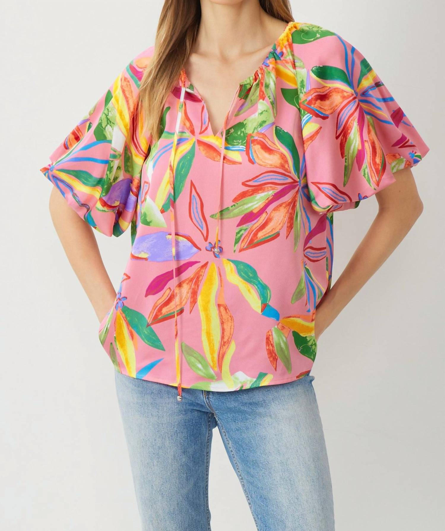 Entro - Floral Bubble Sleeve Blouse - Plus