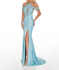 Rachel Allan - Lace-up Back Shimmer Metallic Jersey Prom Gown