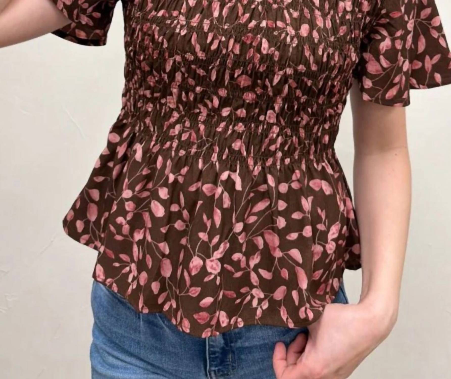 WISHLIST Floral Smocked Peplum Blouse in espresso rose - women's blouse