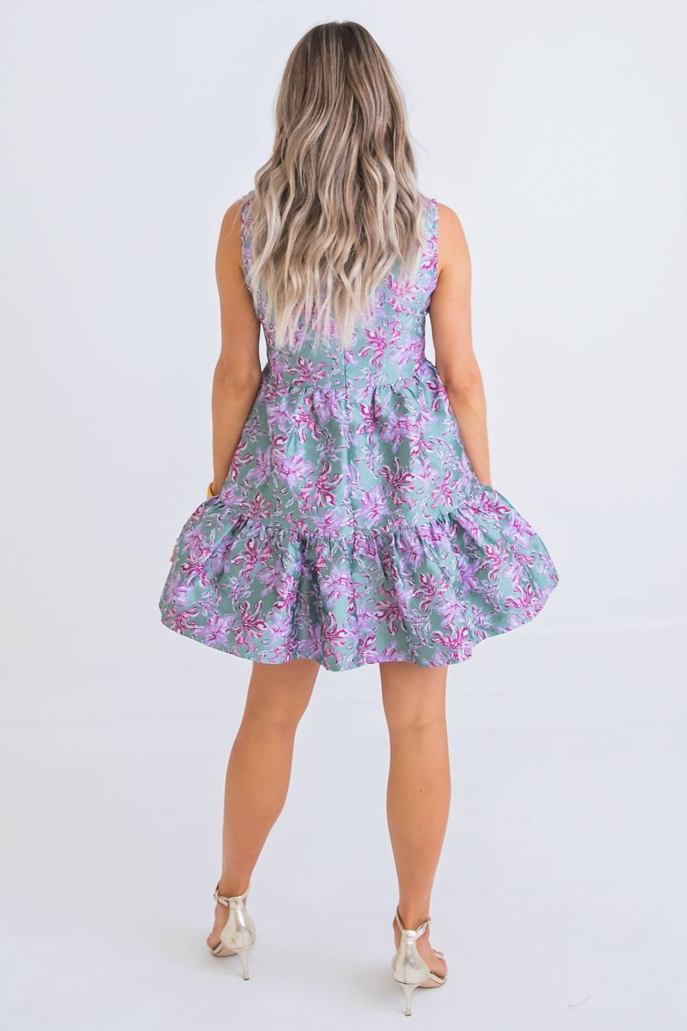 Karlie Floral Tier Tapestry Dress in green purple - women's dress - detail view