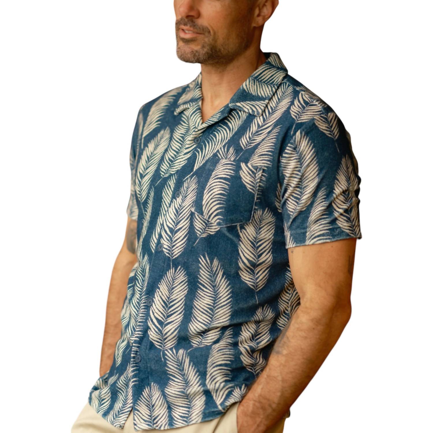 Grayers Riviera Terry Button Shirt in navy leaf - men's shirt