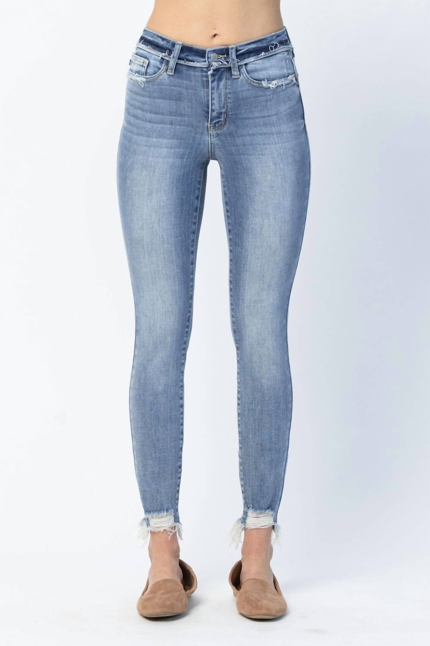Judy Blue Mid Rise Release Waistband Detail Skinny Jeans in blue - women's pants