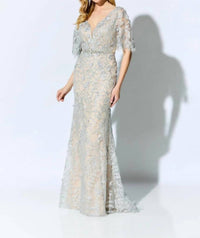 Montage by Mon Cheri Lace Trumpet Dress in nude silver - women's dress
