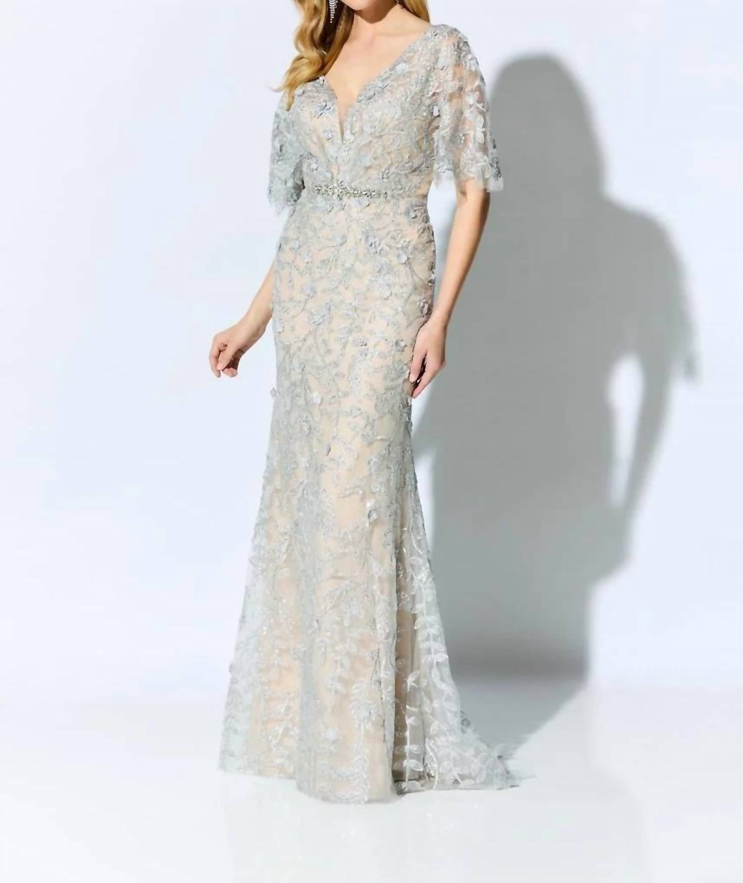 Montage by Mon Cheri Lace Trumpet Dress in nude silver - women's dress