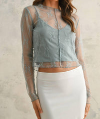 MIOU MUSE Long Sleeve Lace Fabric Top in light blue - women's long sleeve top
